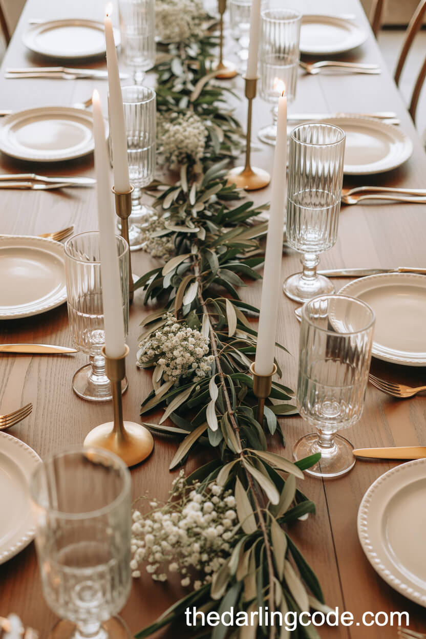 Olive Branch Garlands and Brass Candlesticks for Dinner Tables