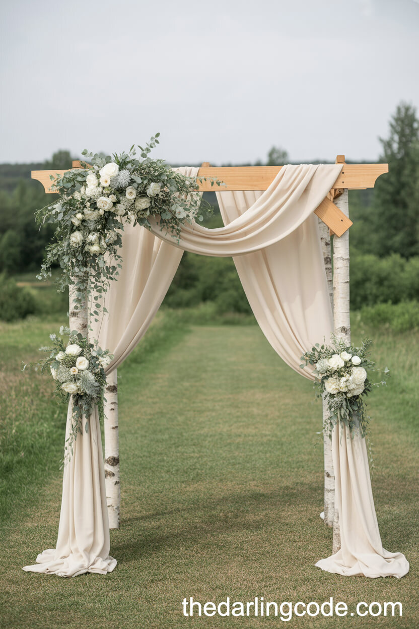 Birch and Reclaimed Wood Arches with Flowing Drapes