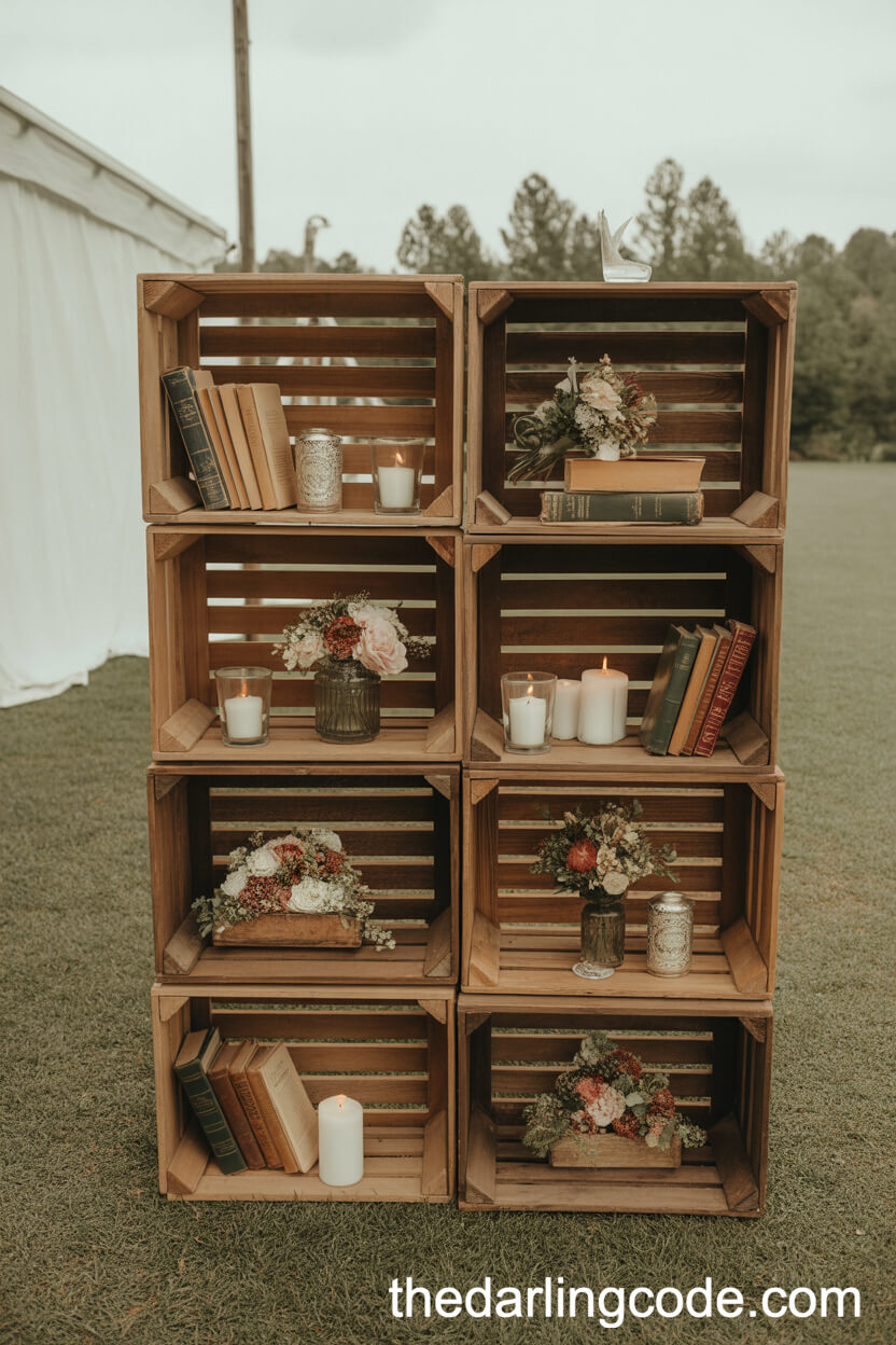 Vintage Wooden Crate Displays with Flowers and Candles