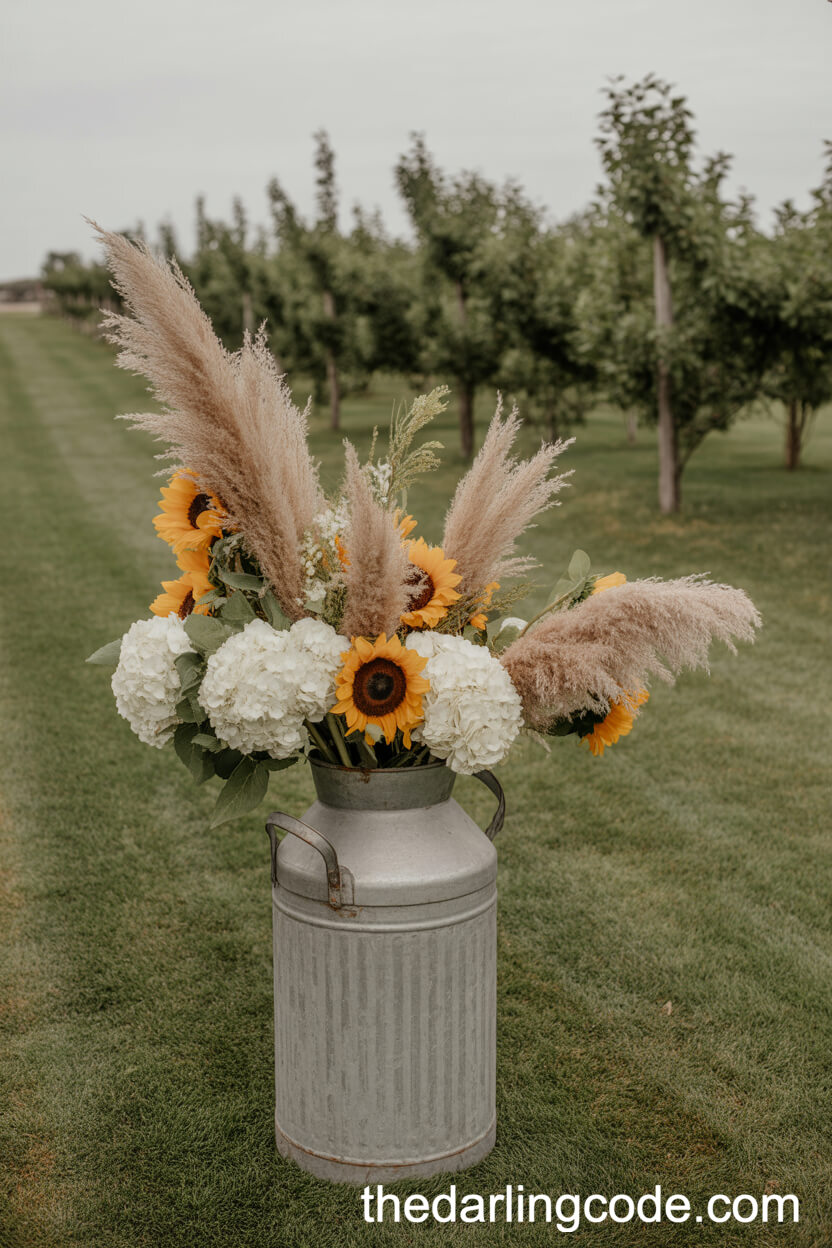 Galvanized Milk Can Floral Arrangements as Aisle Markers
