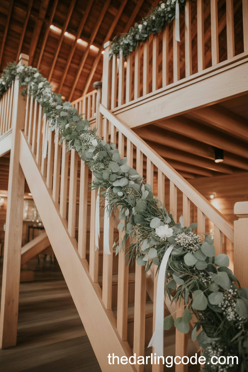 Eucalyptus and Vine Garlands on Wooden Staircases