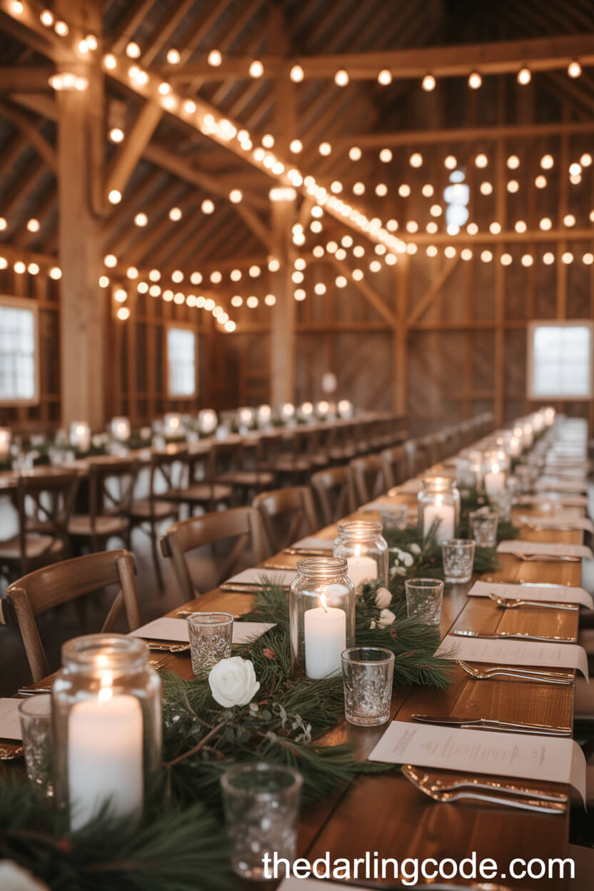 Warmly Lit Rustic Barn Reception Ambiance