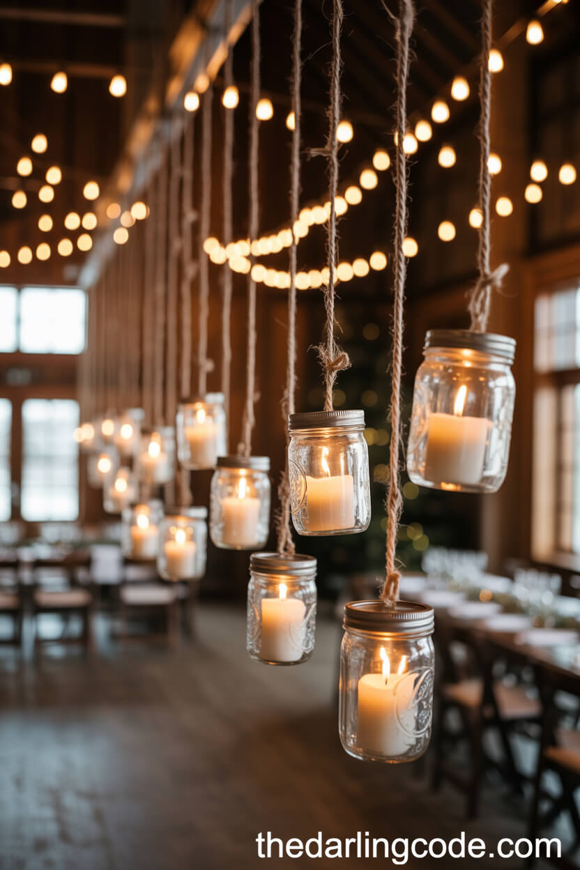 Hanging Mason Jar Candle Lanterns in Barn