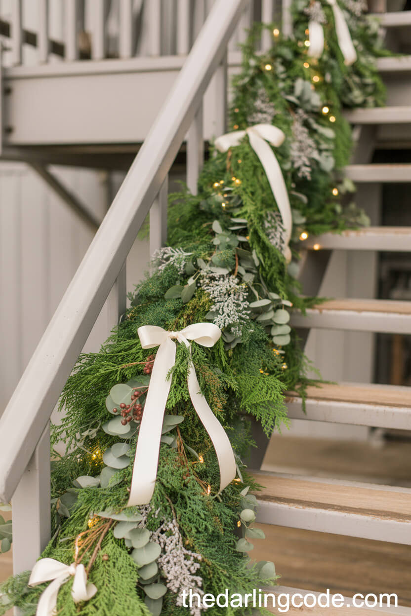 Garland-Wrapped Barn Staircase with Fairy Lights