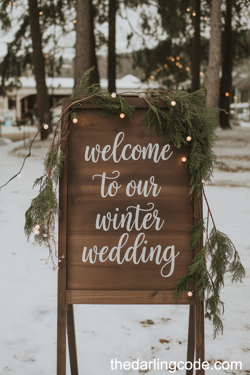 Rustic Welcome Sign at a Snowy Barn Entrance
