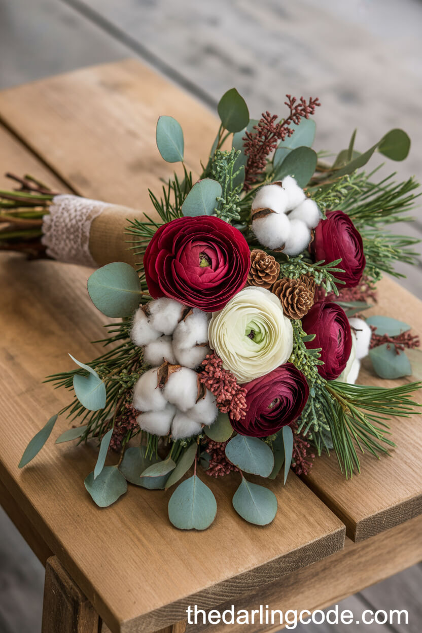 Deep Red and White Rustic Winter Bridal Bouquet