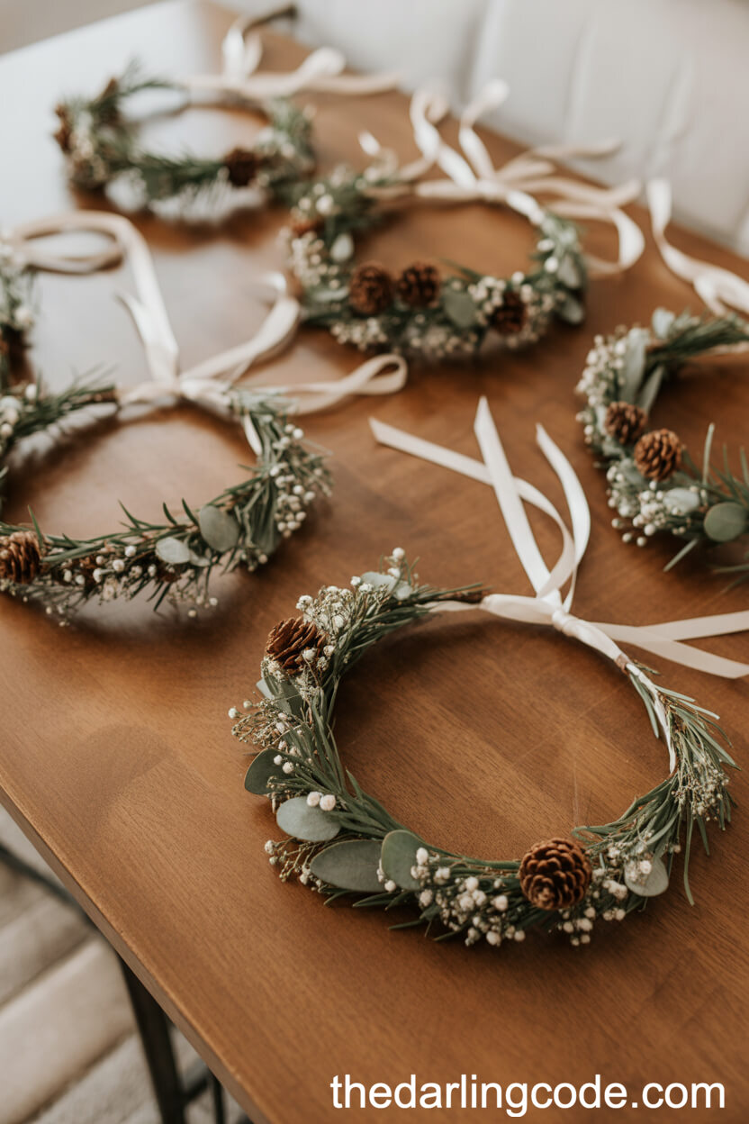 Bridesmaid Floral Crowns with Pinecones and Eucalyptus