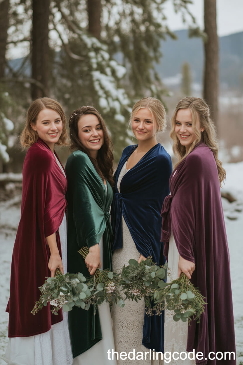 Velvet-Wrapped Bridesmaids in a Snowy Forest