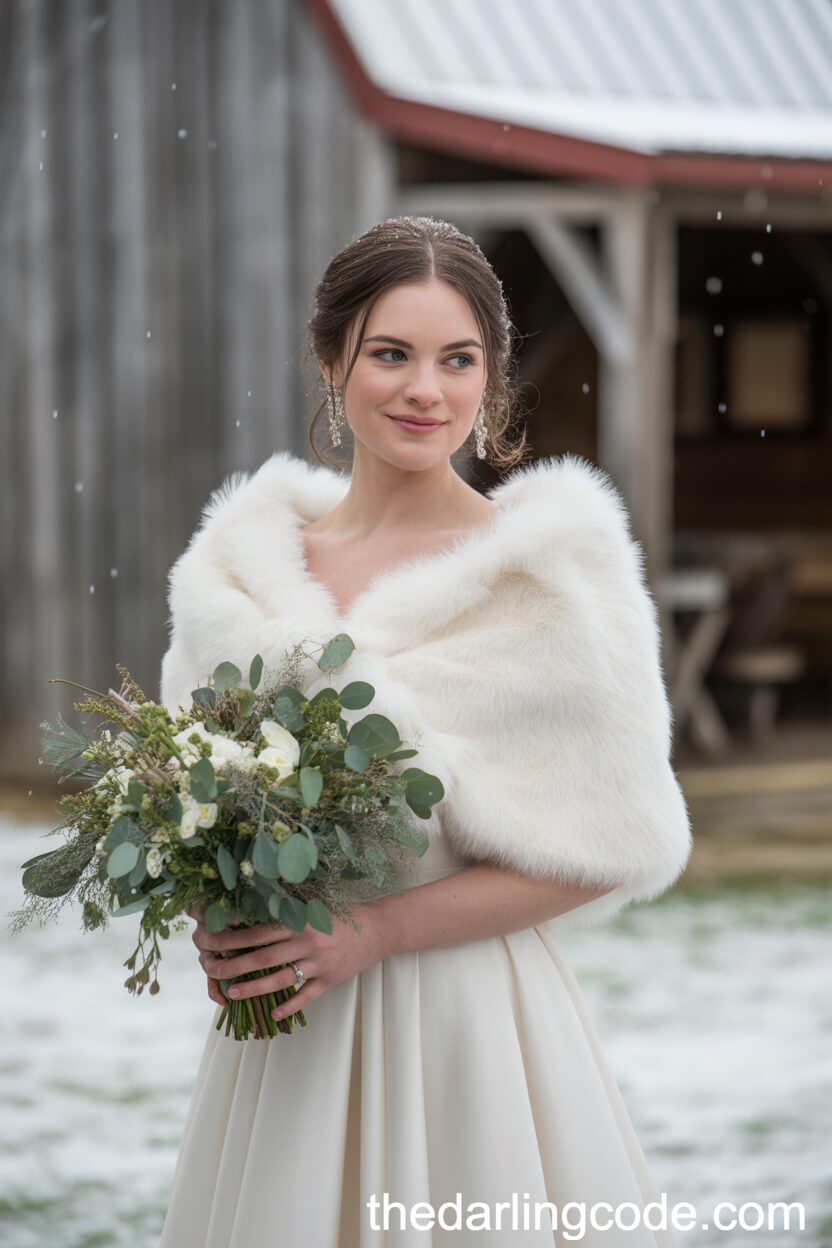 Bride in Faux Fur Shawl at Barn Wedding