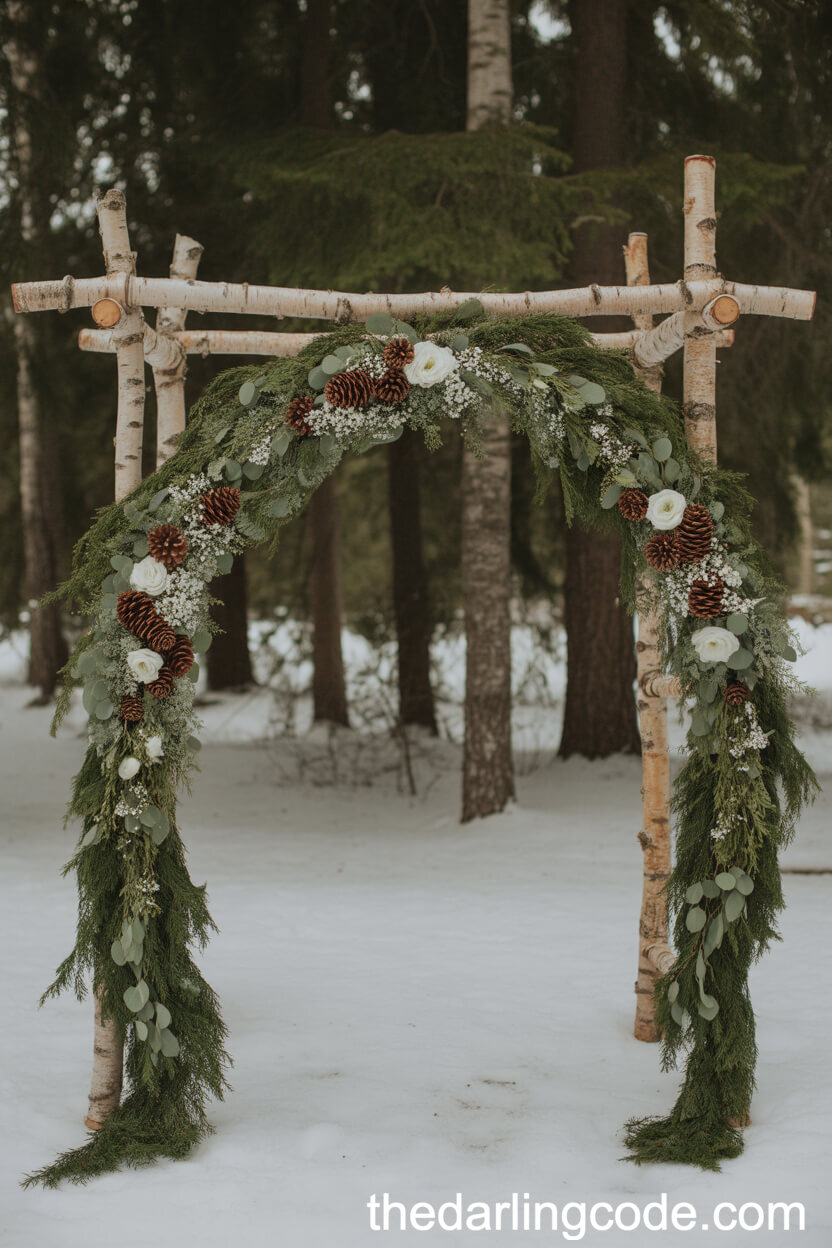 Snow-Dusted Birch Arch for Outdoor Ceremony