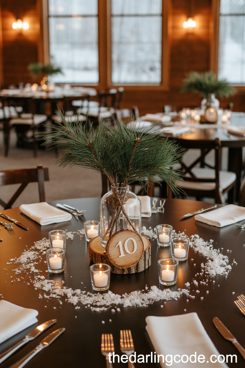 Snowy Pine Branch Centerpieces on Guest Tables