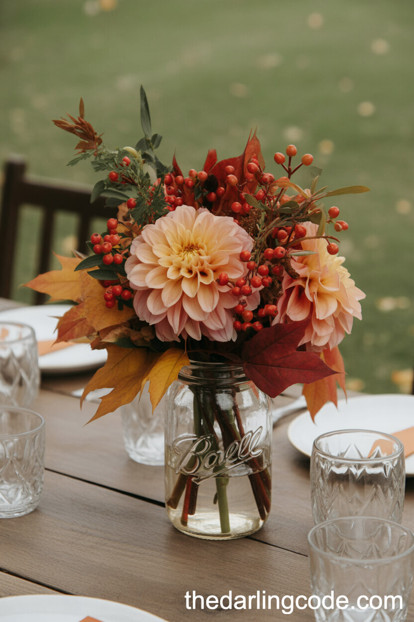 Cozy Autumn: Orange Dahlias and Maple Leaves