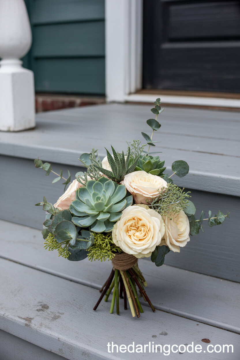 Succulent Touch: Cream Roses with Tiny Succulents