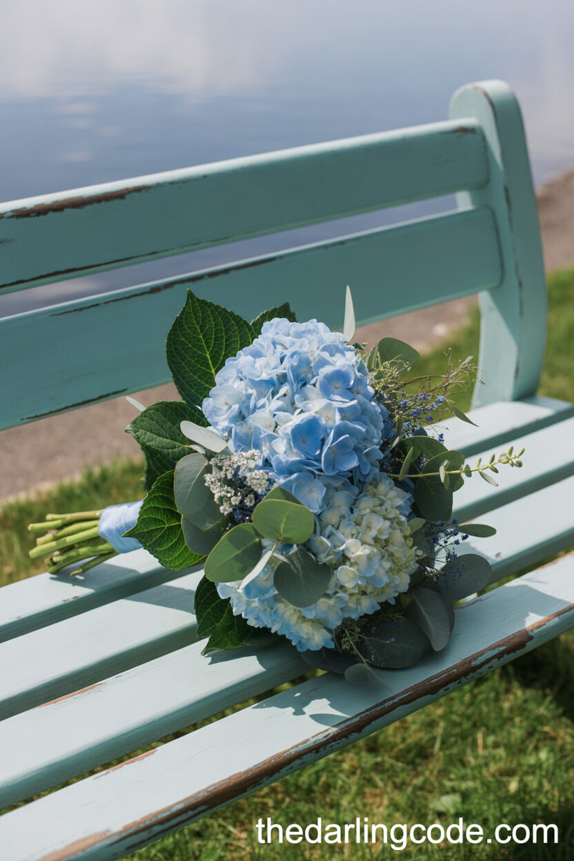 Blue Serenity: Hydrangea Bouquet by the Lake