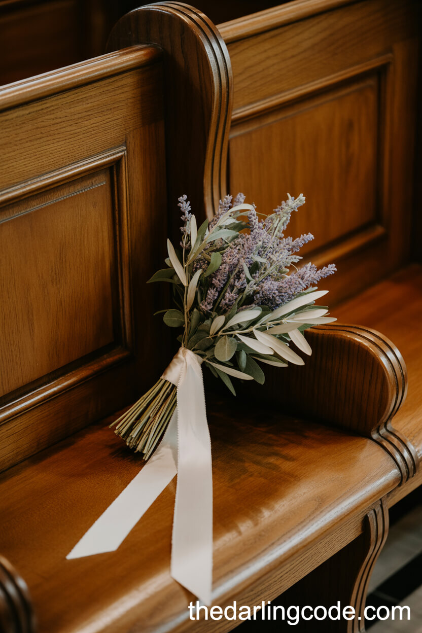 Rustic Refined: Lavender and Olive Leaf on Wooden Pew