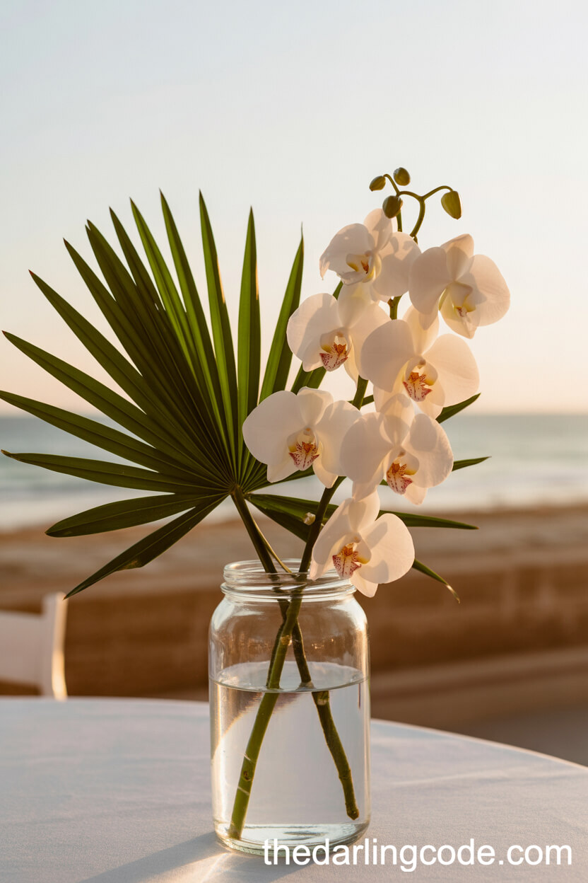 Beachy Chic: White Orchids and Palm Leaf