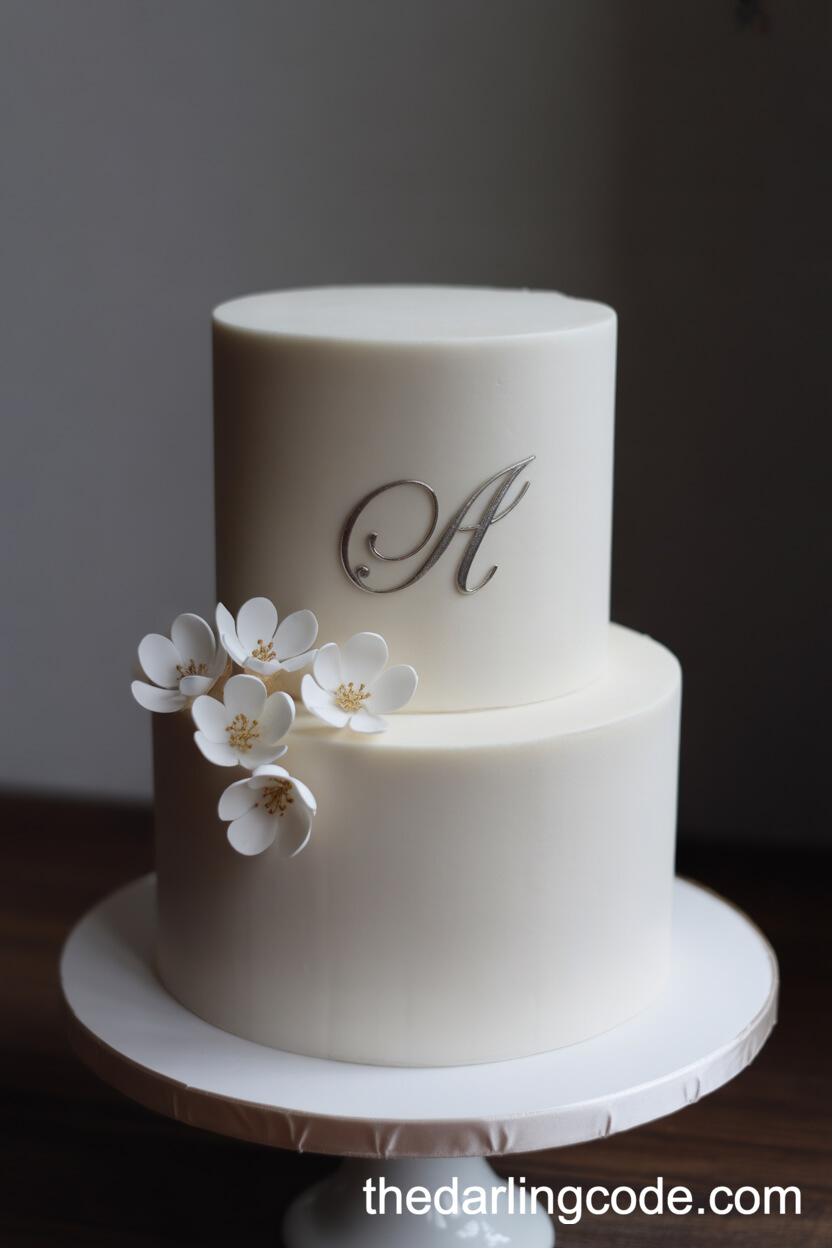 Subtle Silver Monogram and Sugar Blossom Cake