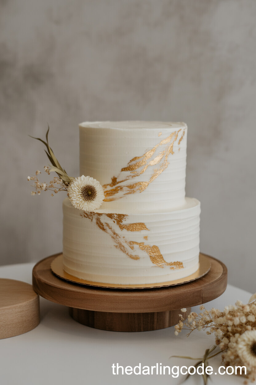Minimalist Gold Leaf and Dried Flower Wedding Cake