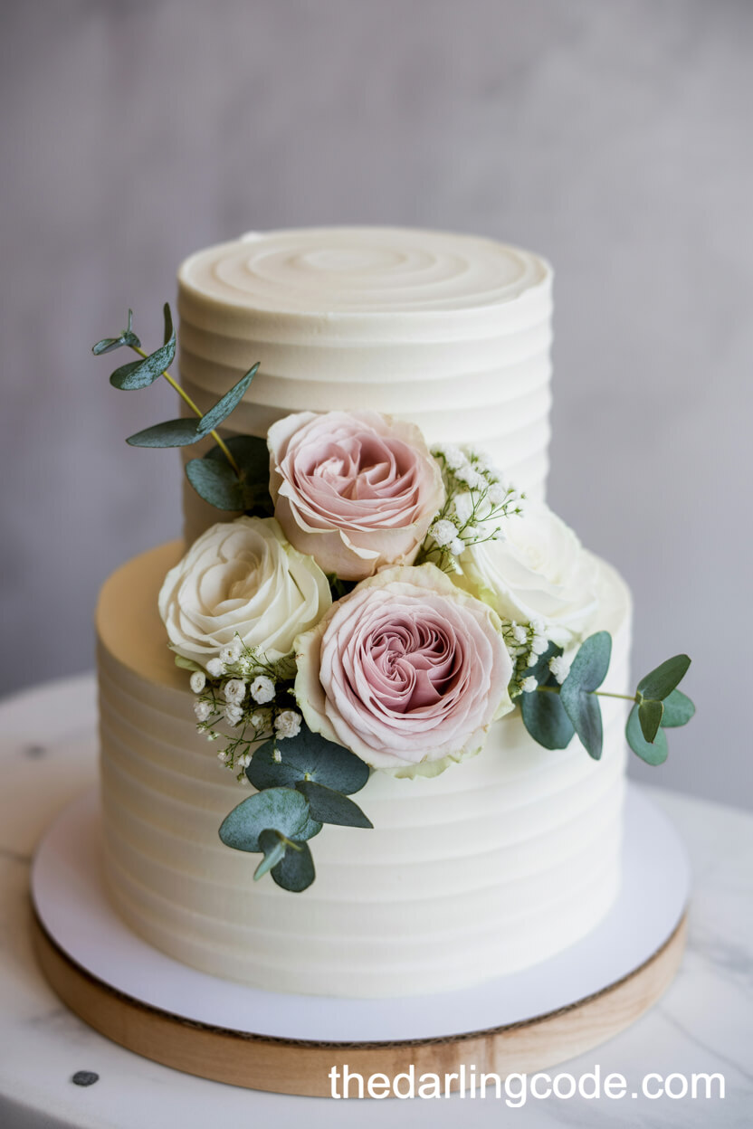 Classic Two-Tier Cake with Roses and Eucalyptus