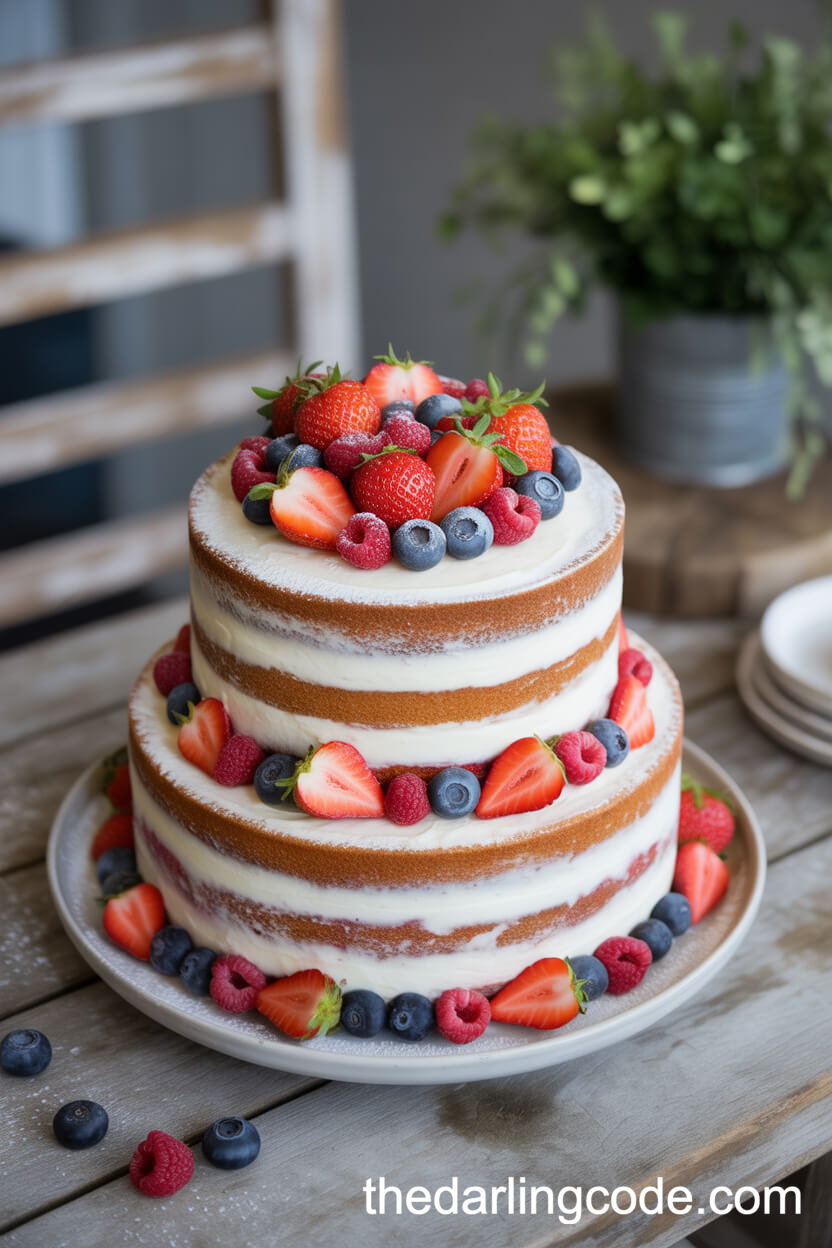 Berry Naked Cake on a Farmhouse Table