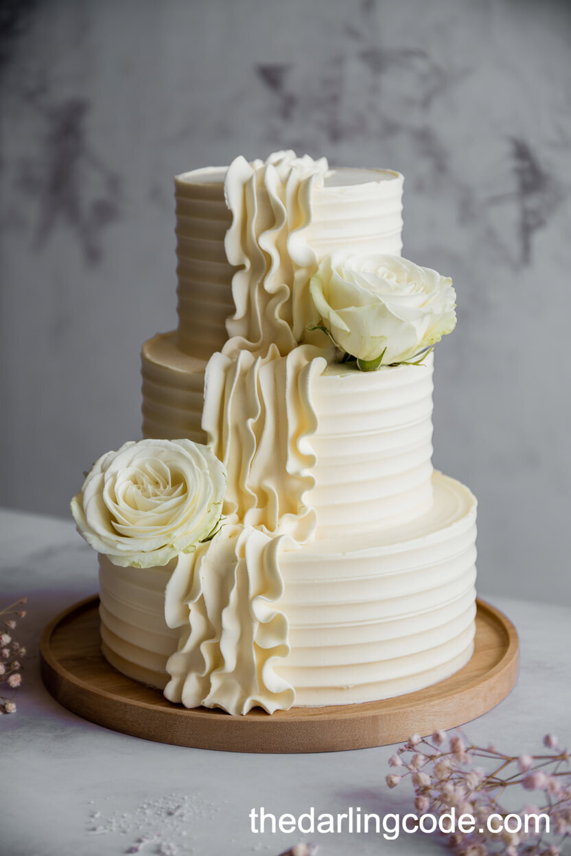 Elegant Ruffled Three-Tier White Wedding Cake