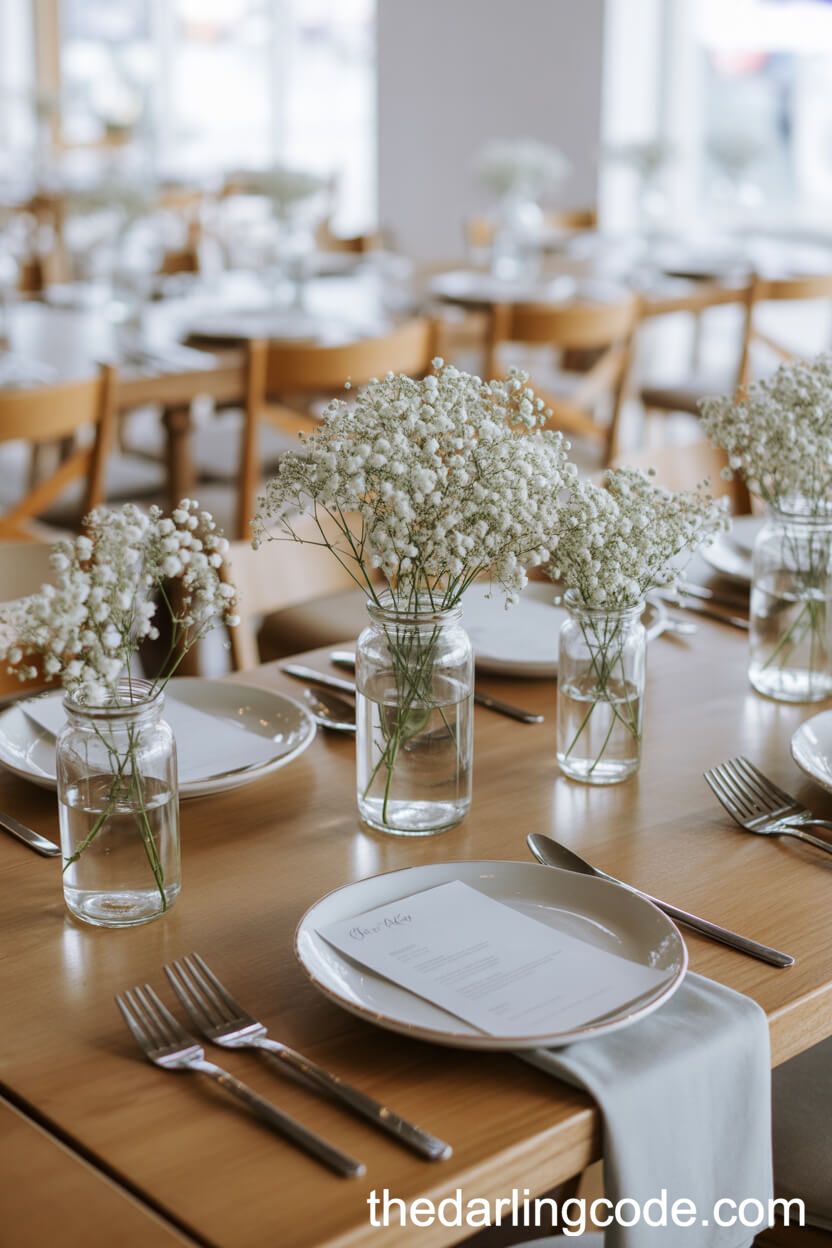 Minimal Baby’s Breath Arrangements in Glass Jars
