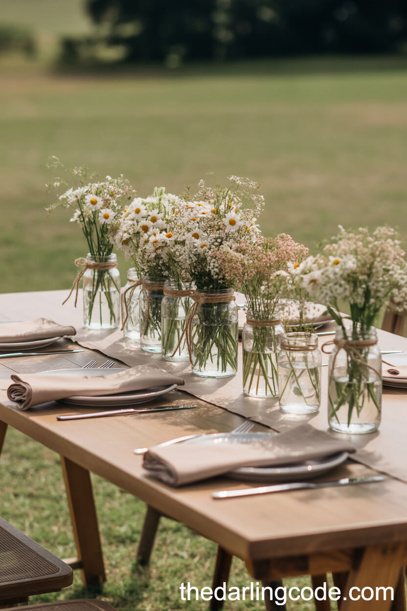 Rustic Wooden Tables With Mason Jar Wildflowers