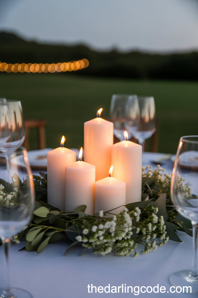 Romantic Pillar Candles and Greenery at Dusk