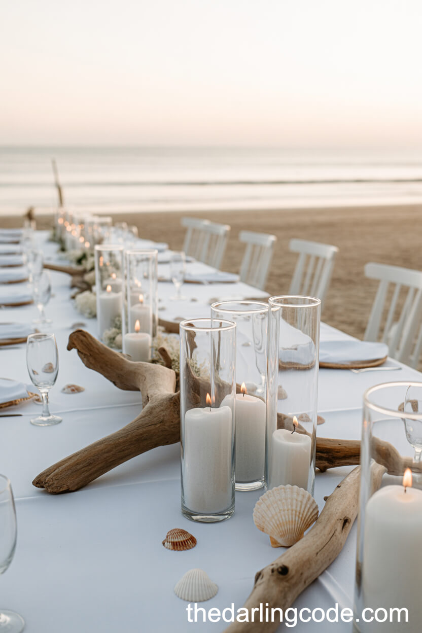 Coastal Driftwood and Candle Decor on the Beach