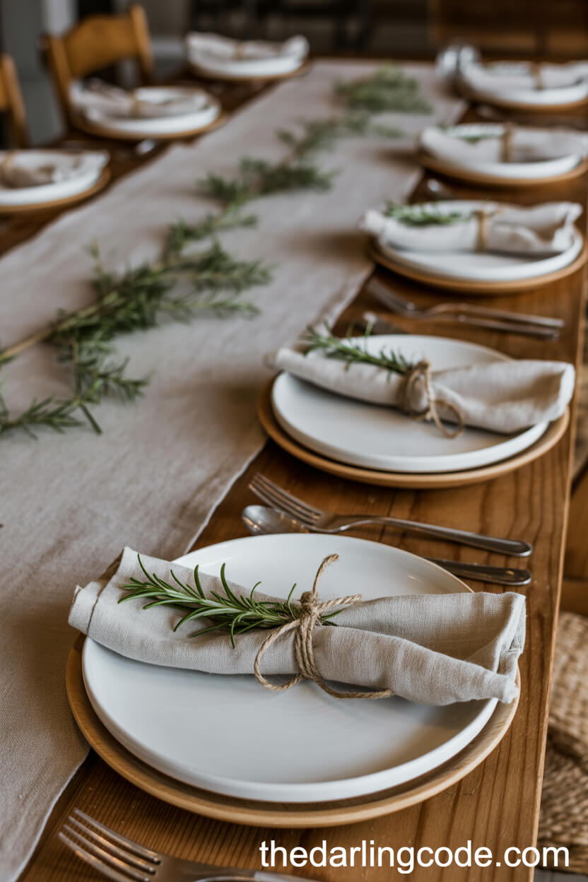 Cozy Farmhouse Table With Linen Runner and Rosemary