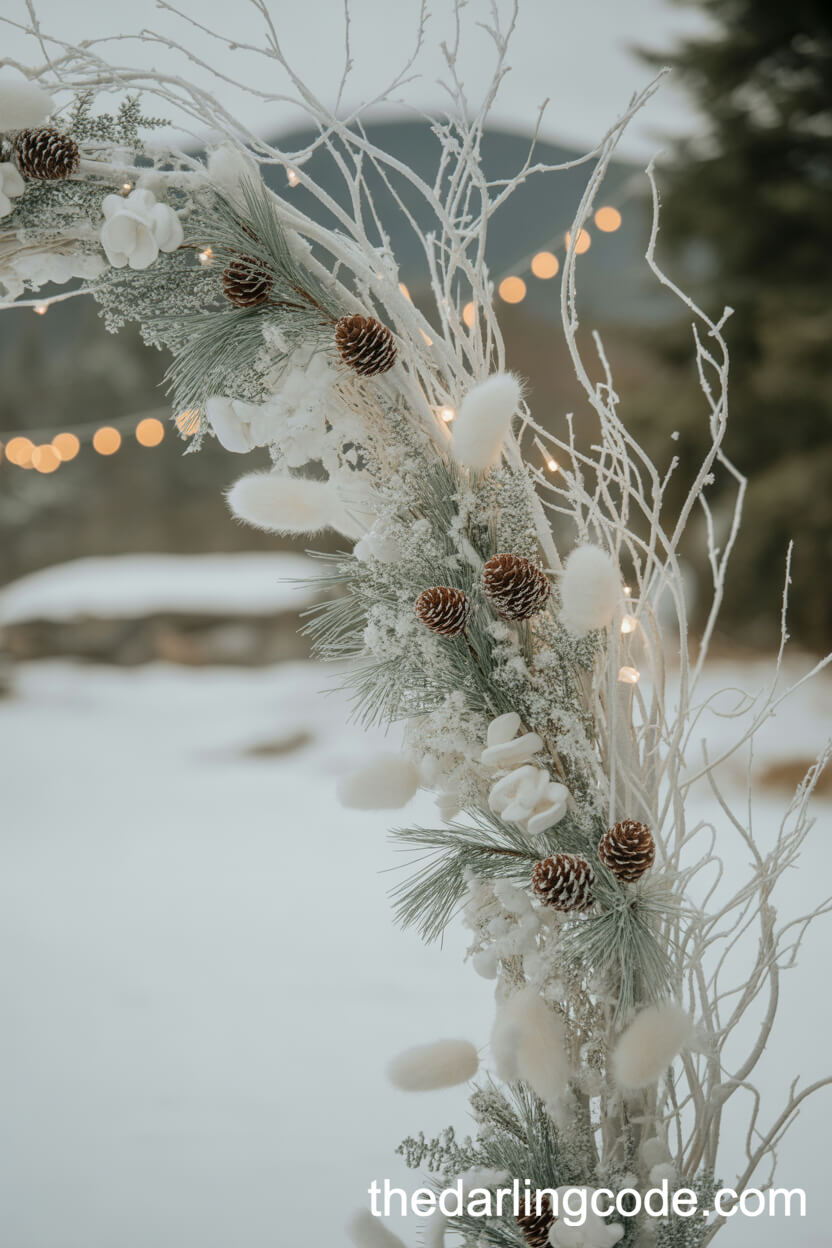 Magical Snowy Winter Arch with Lights and Pinecones
