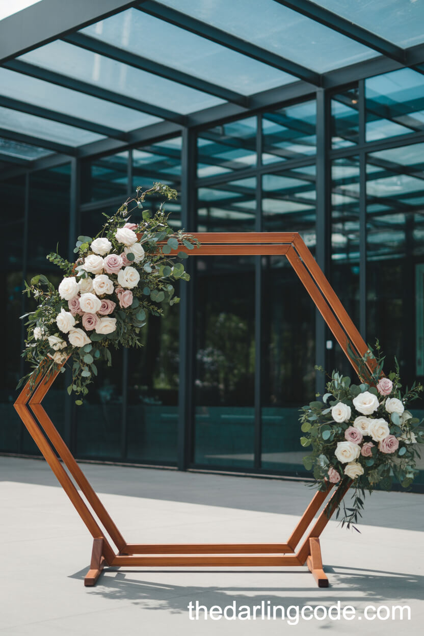 Modern Hexagon Wooden Arch with Elegant Florals