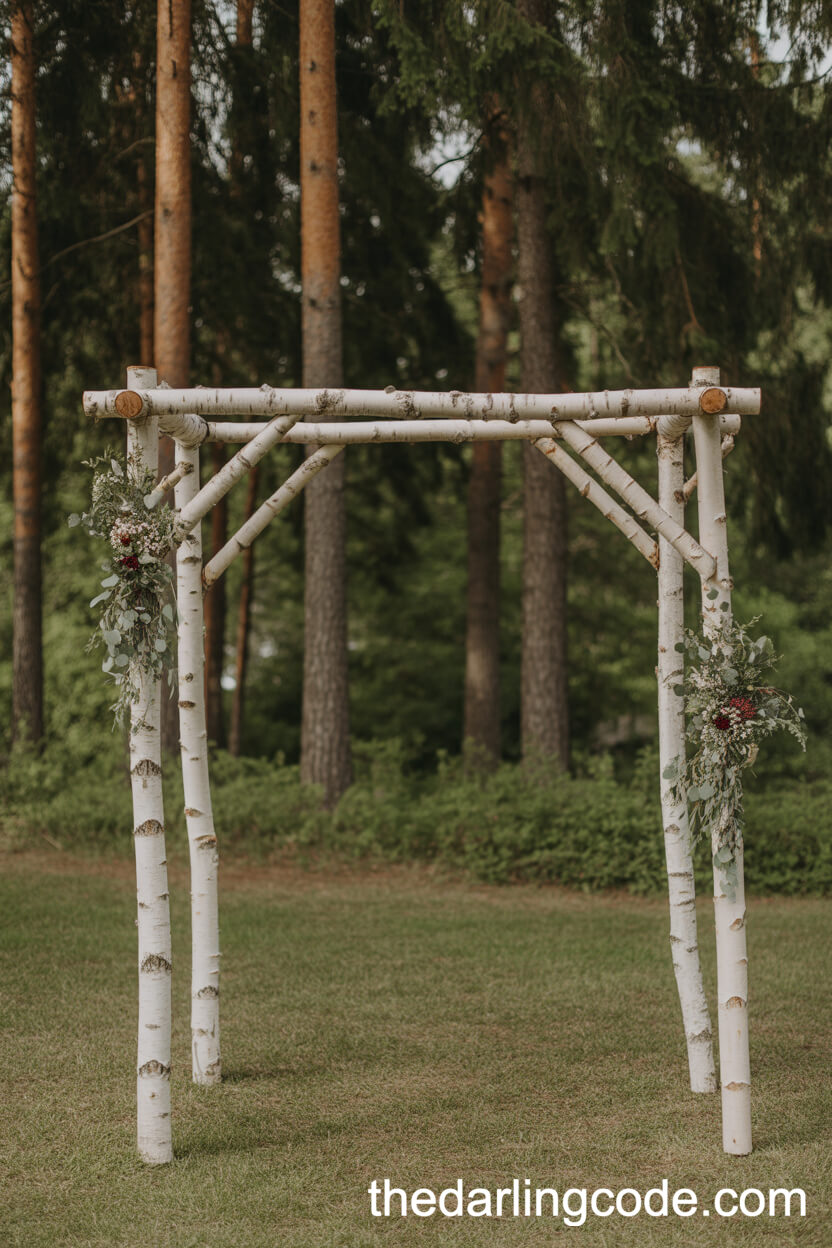 Rustic Birchwood Greenery Arch in the Forest
