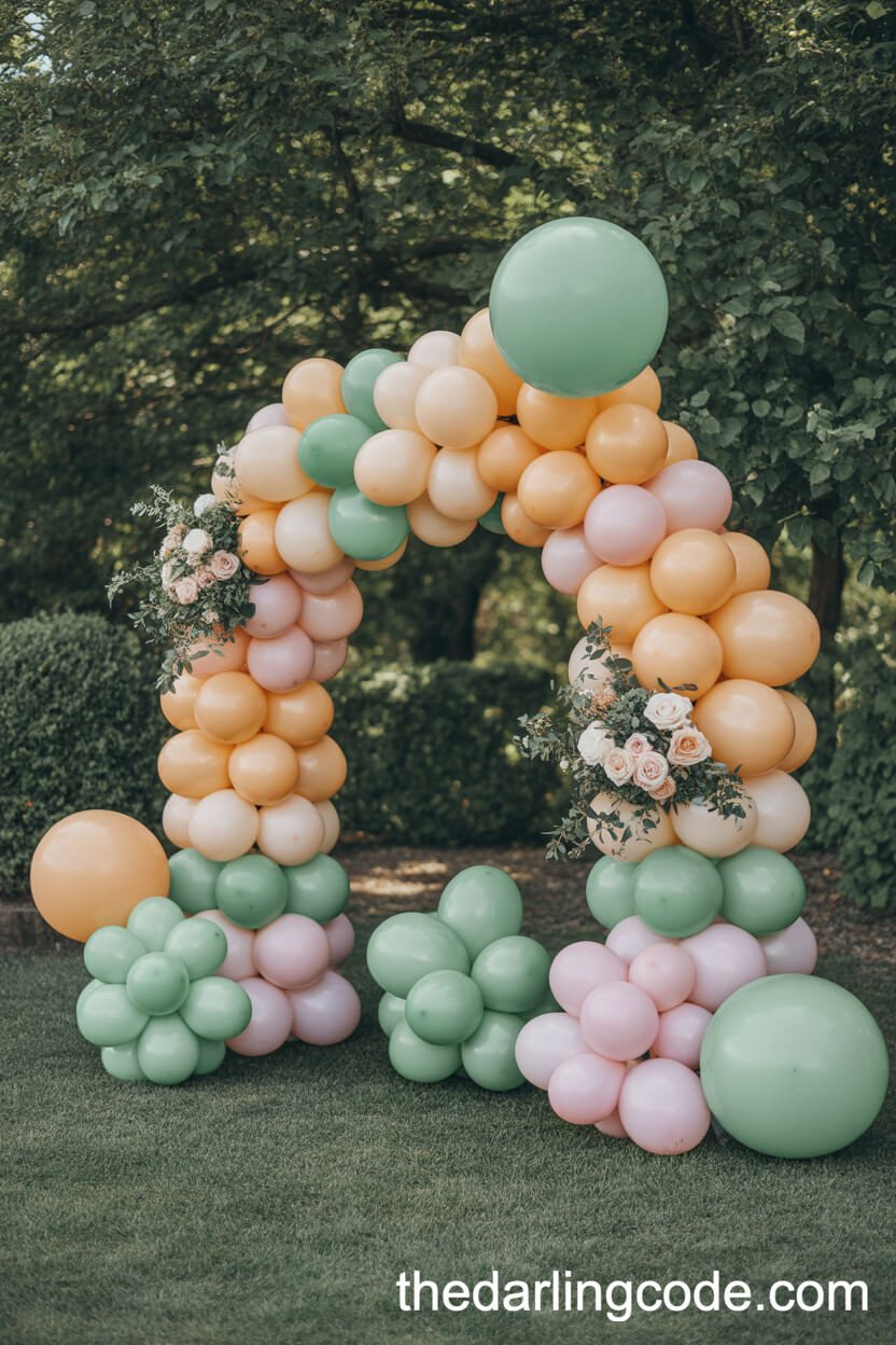 Playful Pastel Balloon and Rose Backyard Arch