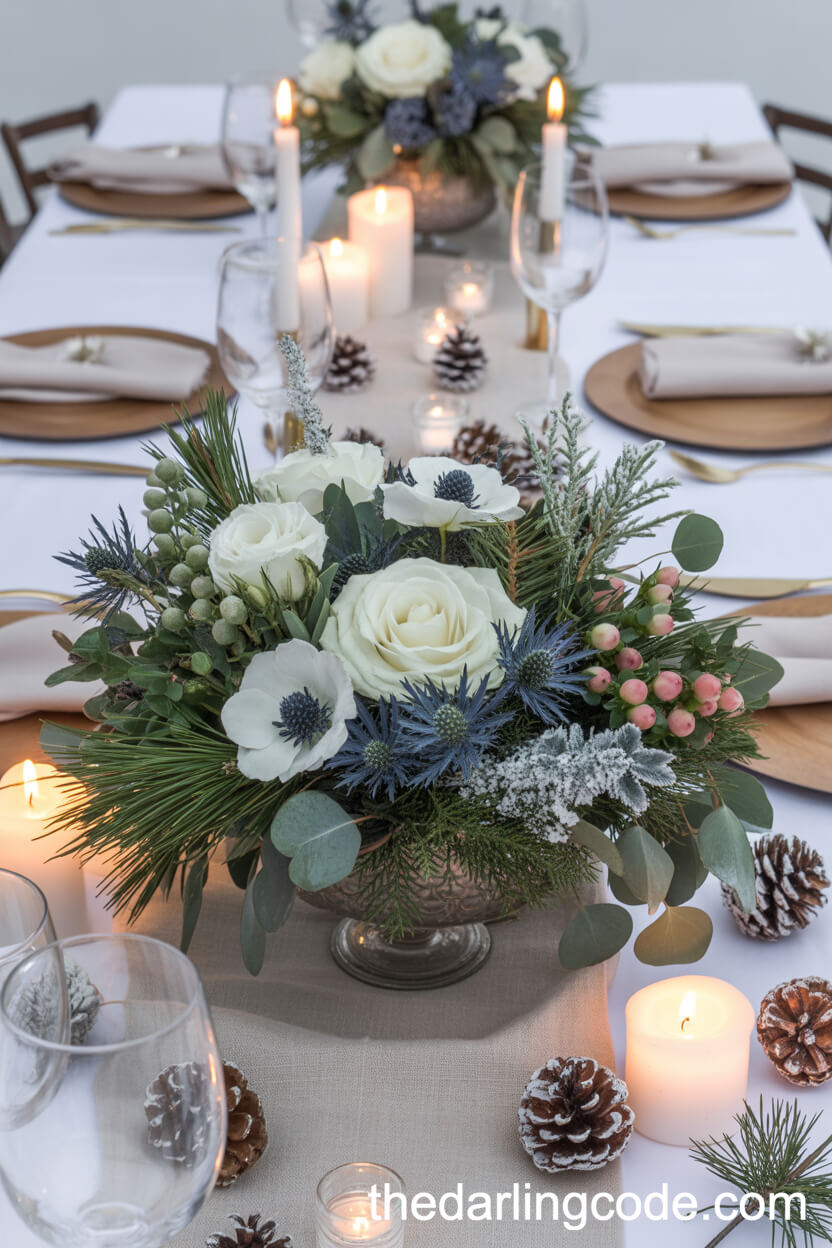 Winter Floral Centerpiece with Festive Greenery