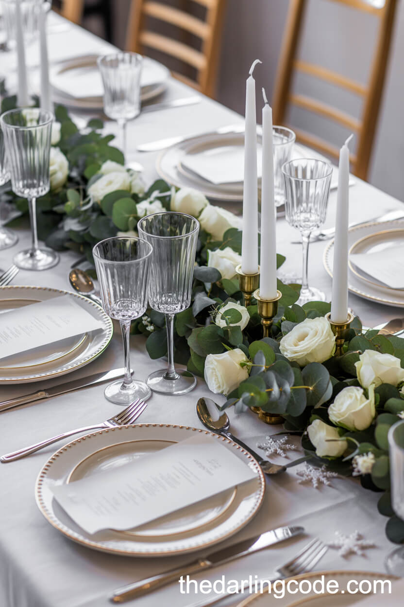 Elegant White Winter Dinner Table Setting