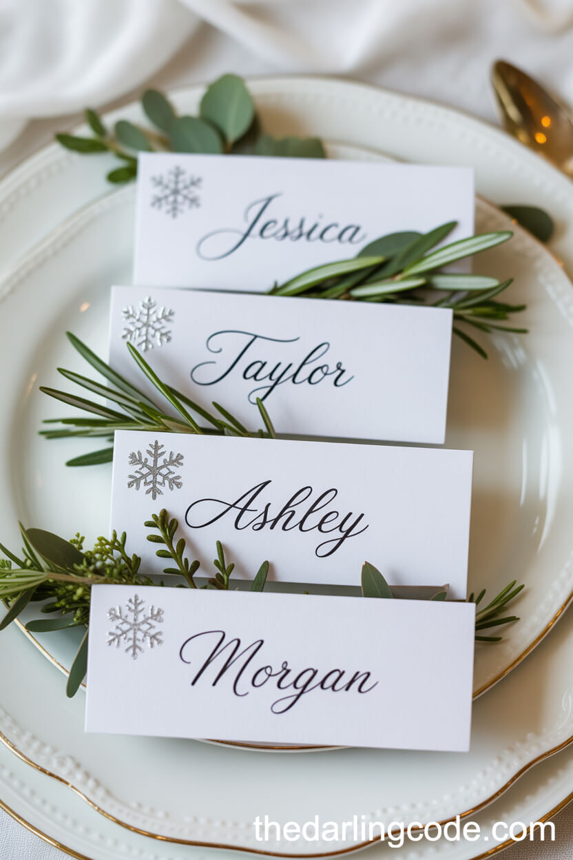 Elegant Calligraphy Place Cards with Snowflakes