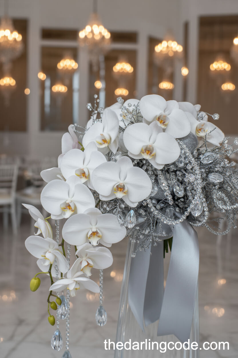 Glamorous Orchid and Crystal Cascade Winter Bridal Bouquet