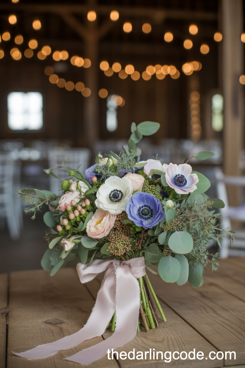 Soft-Focused Anemone and Blue Winter Rustic Bridal Bouquet