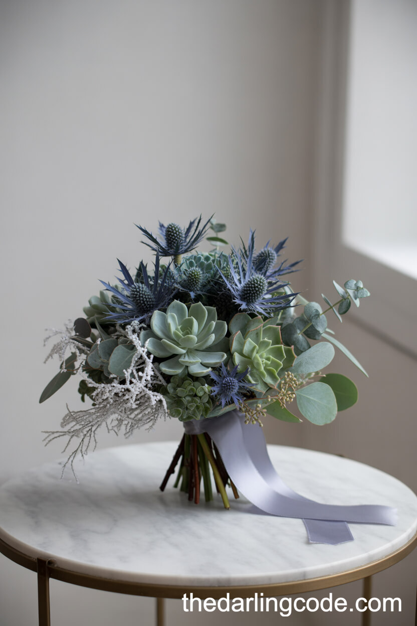 Modern Winter Bouquet with Succulents and Blue Thistles