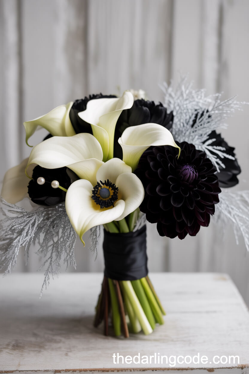 black and white winter wedding bouquet