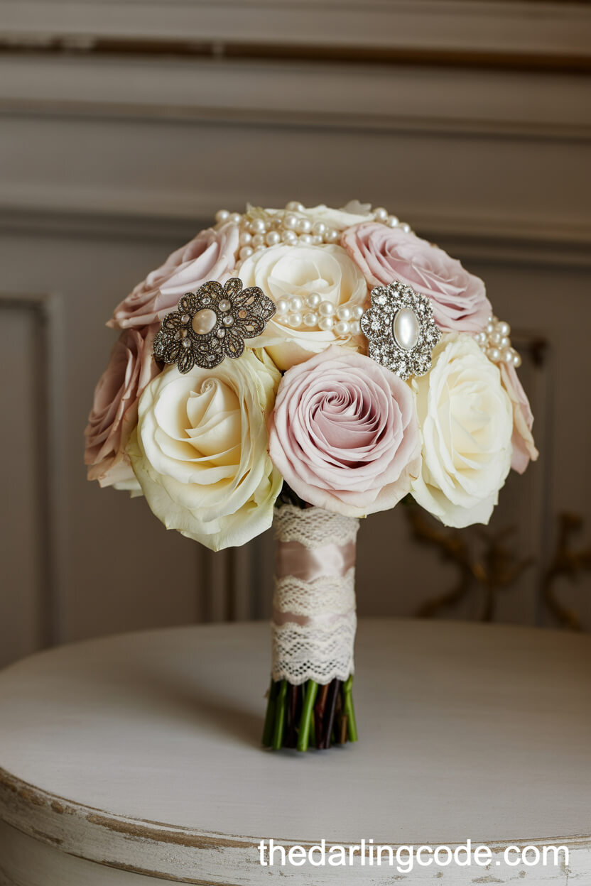 Vintage Brooch and Pearl Embellished Winter Bridal Bouquet