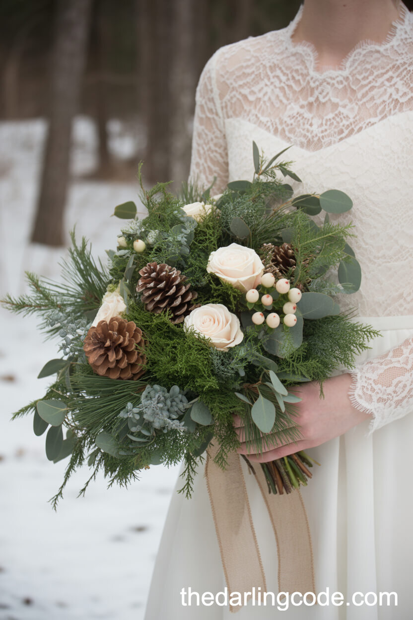 Rustic Winter Wedding Bouquet with Pinecones and Evergreens