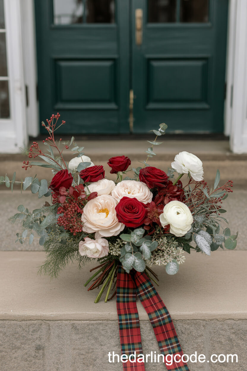 Red and Cream Winter Bouquet with Tartan Ribbon