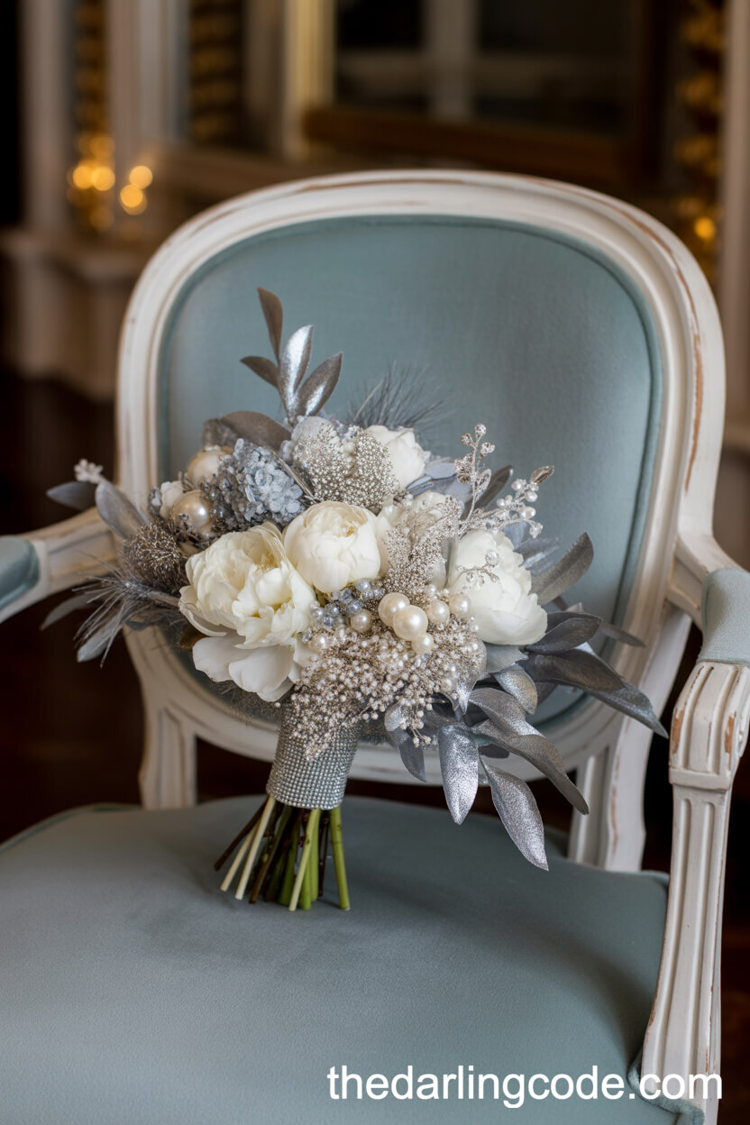 Sparkling Silver and White Peony Glam Bridal Bouquet