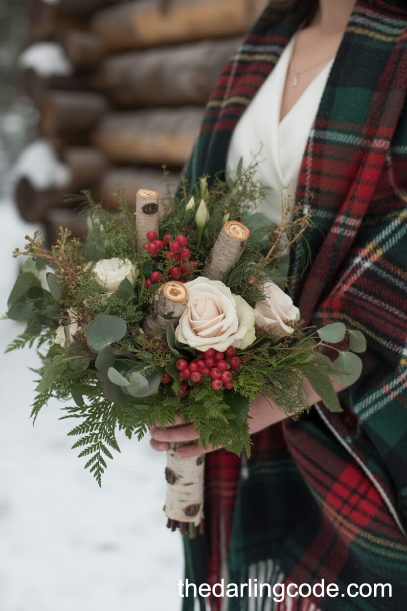 Woodland Winter Bouquet with Holly Berries and Birch Accents