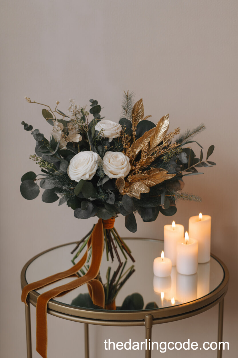 Elegant Green and Gold Winter Wedding Bouquet by Candlelight