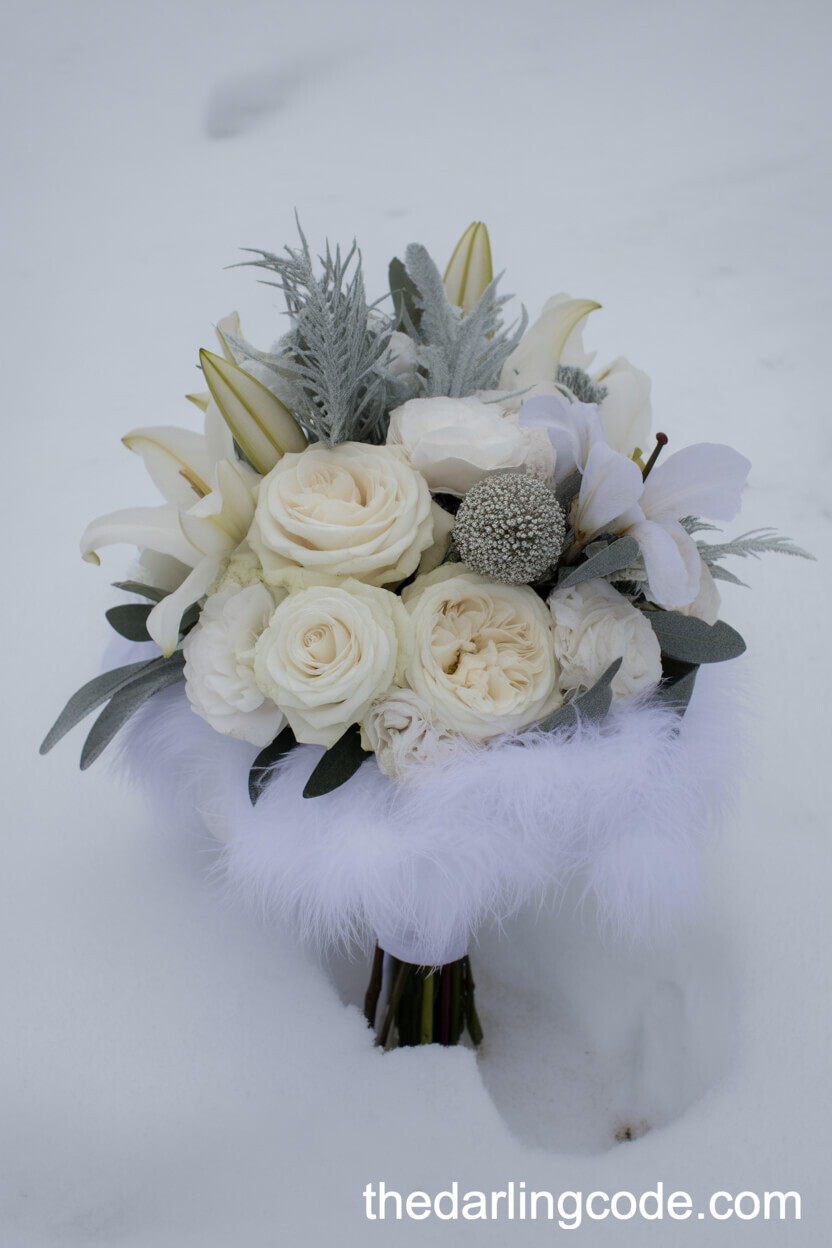 All-White Winter Bridal Bouquet with Feathers and Faux Fur