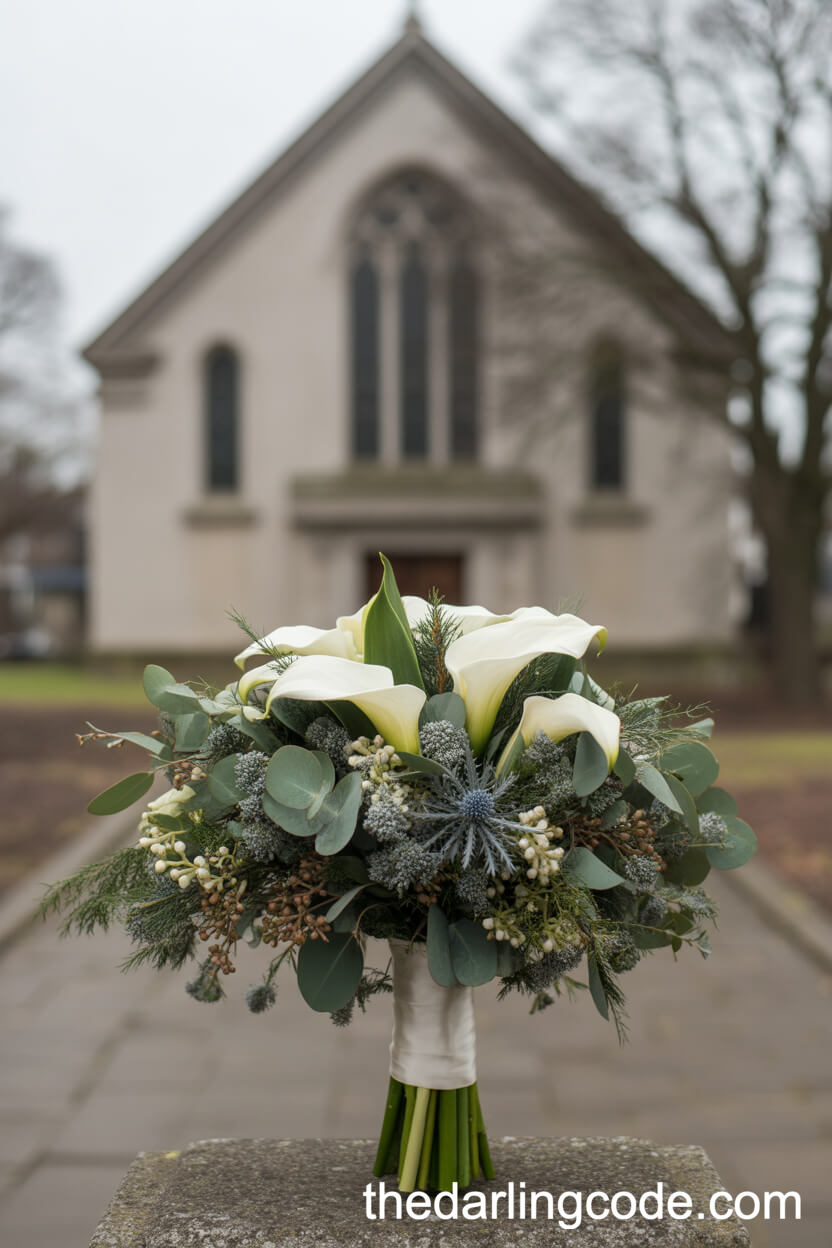 Elegant Calla Lily Winter Bouquet in a Church Setting