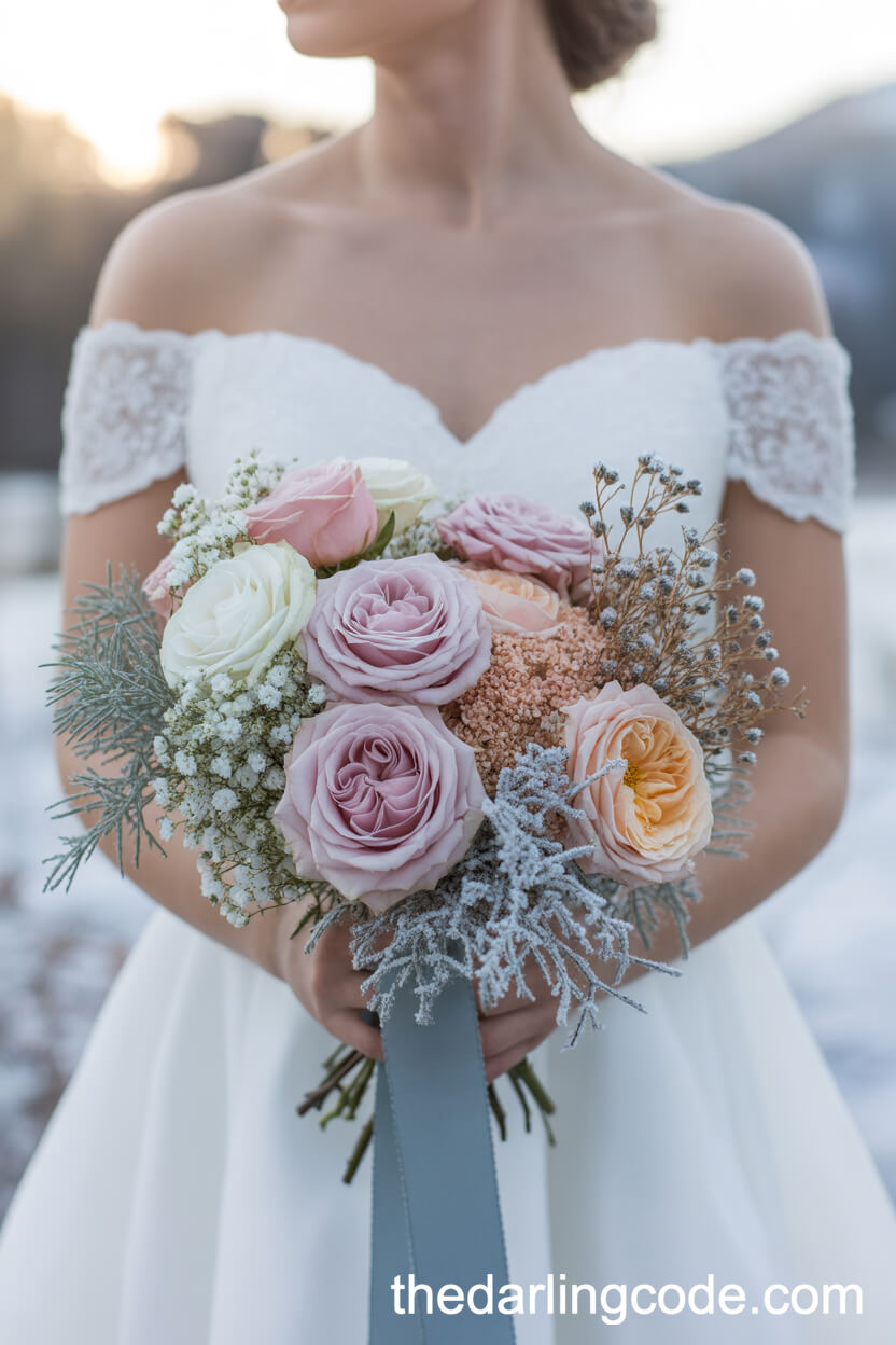 Pastel Winter Bouquet with Frosted Baby’s Breath and Roses